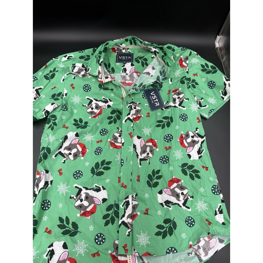 VSTR Christmas Dog Boston Terrier Santa Hat Green Short Sleeve Shirt Men's L